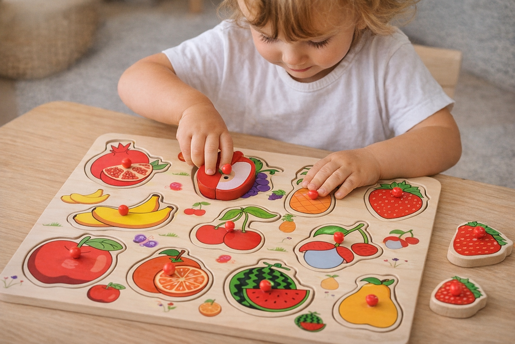 Puzzle din Lemn cu Fructe pentru Copii – 11 Piese Colorate, Joc Educativ 1+