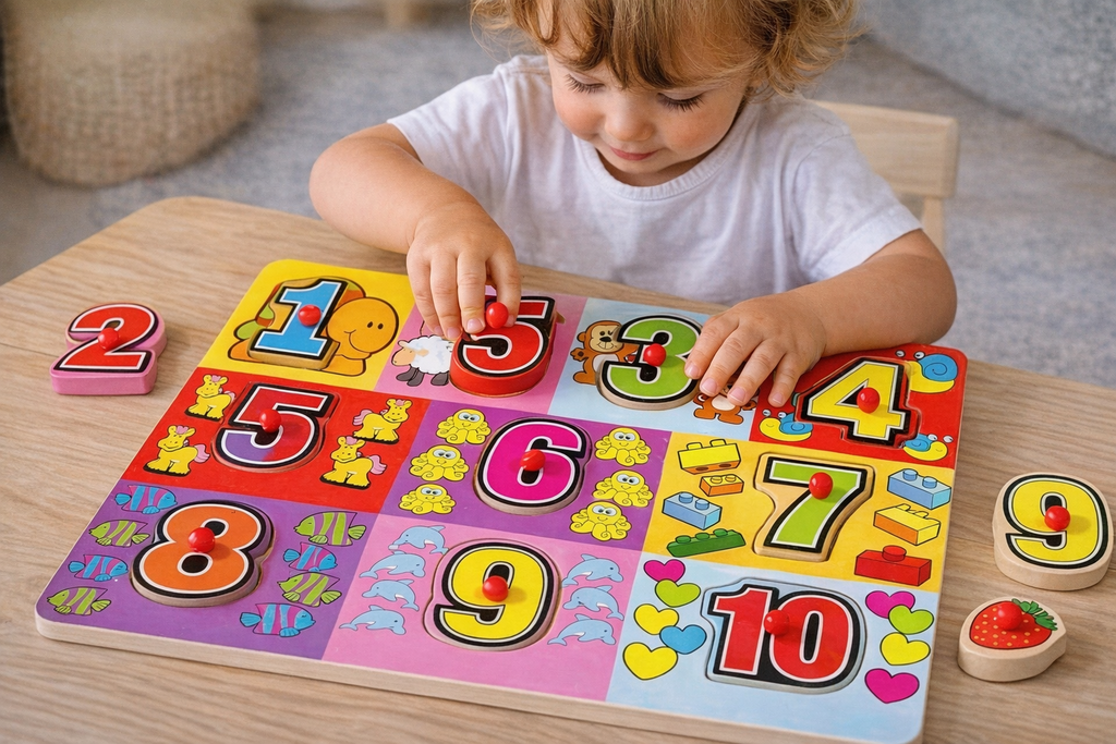 Puzzle din Lemn cu Cifre pentru Copii – 10 Piese Educative, Învățare Numere, 30x22 cm