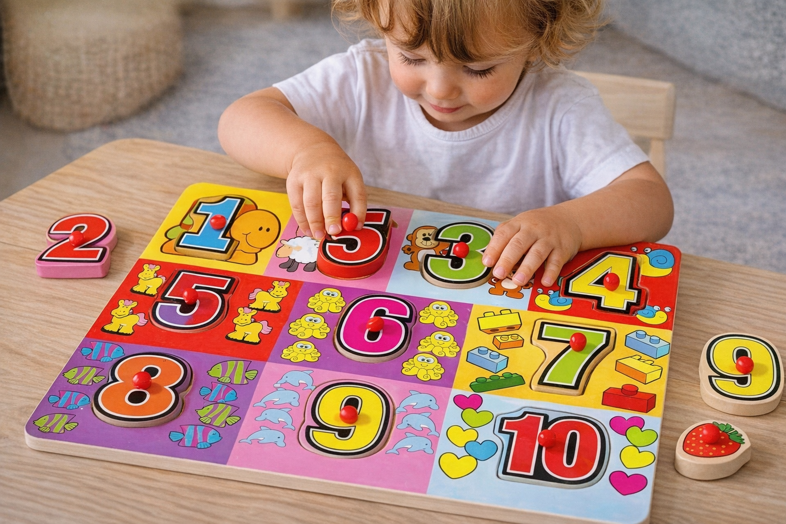 Puzzle din Lemn cu Cifre pentru Copii – 10 Piese Educative, Învățare Numere, 30x22 cm