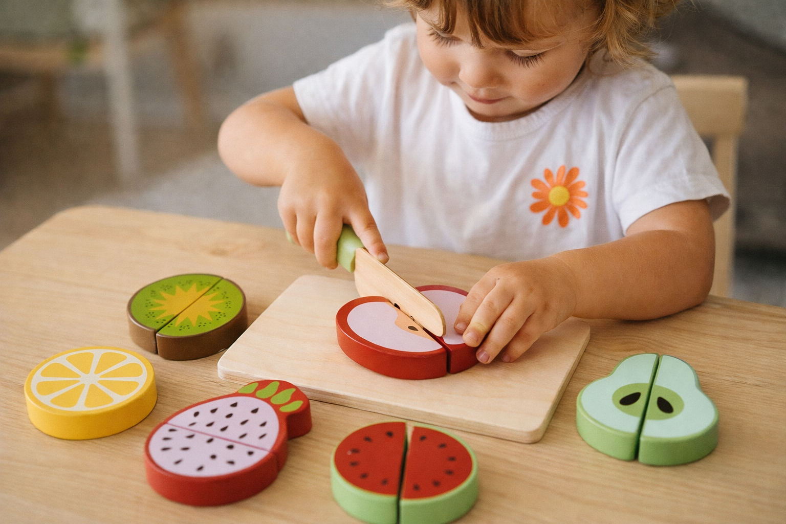 Set de Joacă din Lemn cu Fructe și Cuțit – Jucărie Educativă de Tăiat pentru Copii, 7 Piese