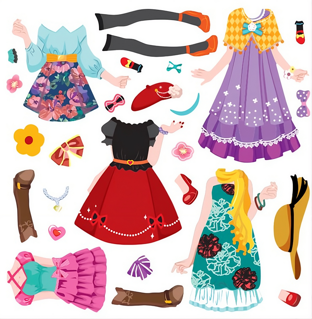 Set Stickere Dress-Up pentru Fetițe – 8 Figurine + 85+ Autocolante Haine și Accesorii