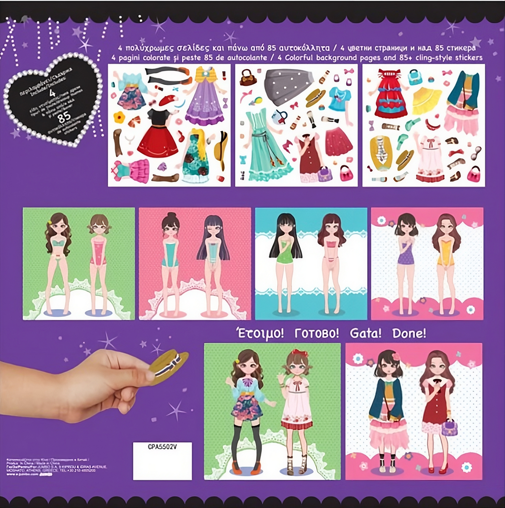 Set Stickere Dress-Up pentru Fetițe – 8 Figurine + 85+ Autocolante Haine și Accesorii