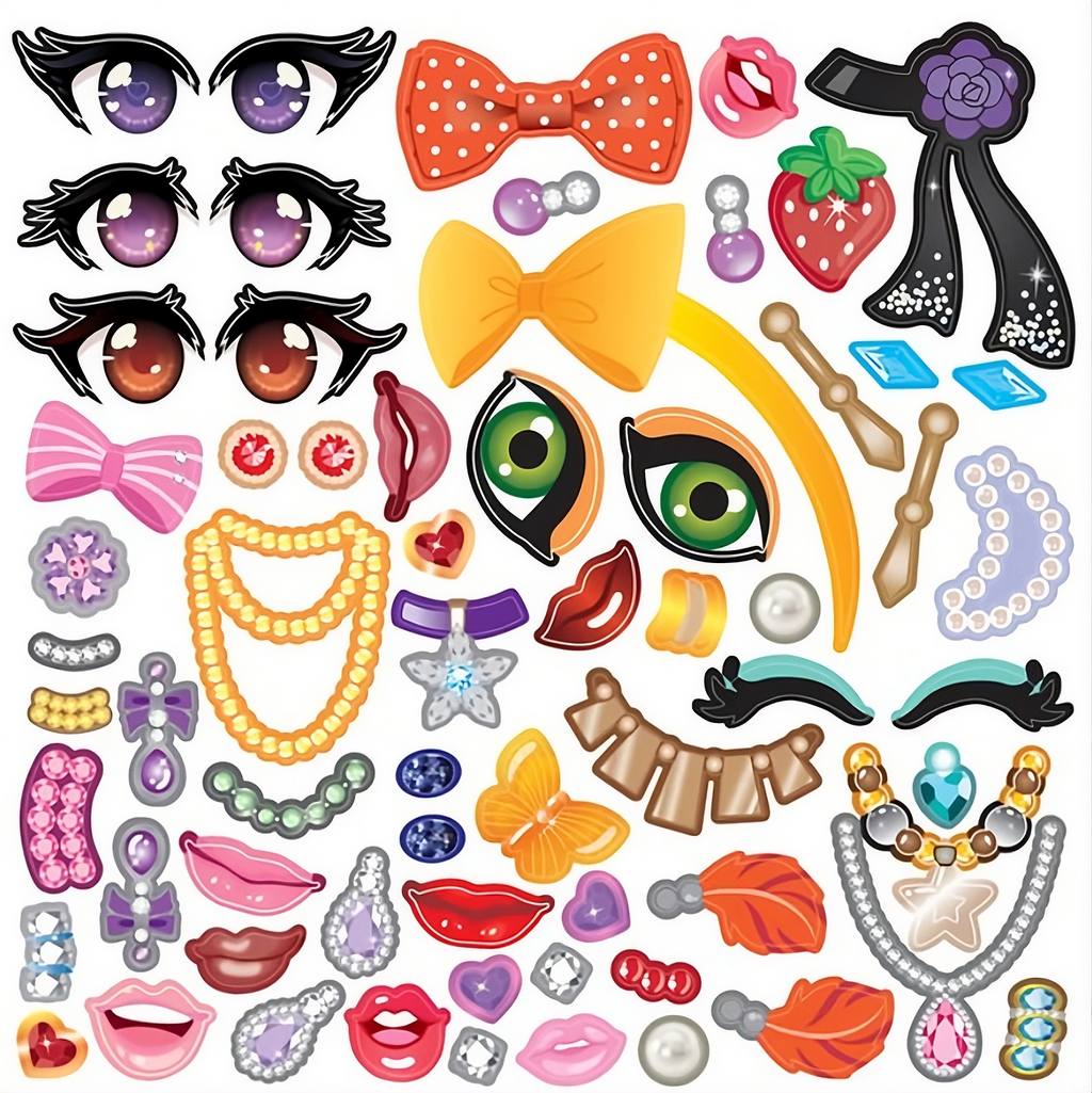 Set Stickere Face Design pentru Fetițe – 4 Fețe + 149 Autocolante (Ochi, Buze, Accesorii)