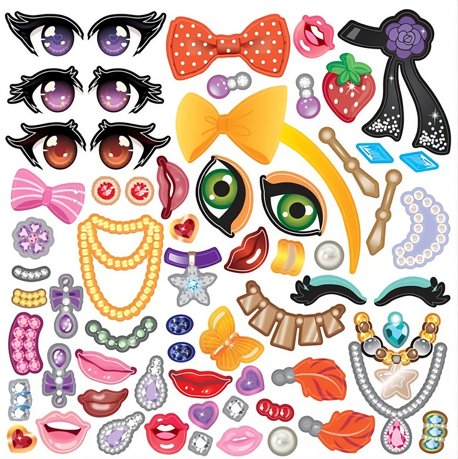 Set Stickere Face Design pentru Fetițe – 4 Fețe + 149 Autocolante (Ochi, Buze, Accesorii)
