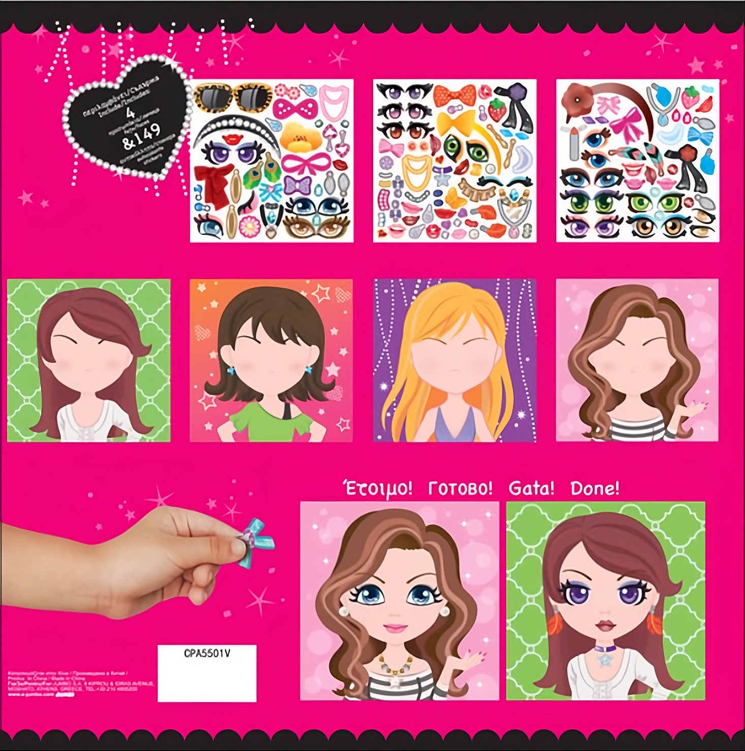 Set Stickere Face Design pentru Fetițe – 4 Fețe + 149 Autocolante (Ochi, Buze, Accesorii)