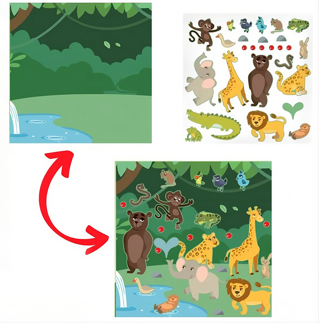 Set Stickere Animale pentru Copii – Dinozauri, Fermă, Junglă și Marin, 4 Fundaluri + Stickere