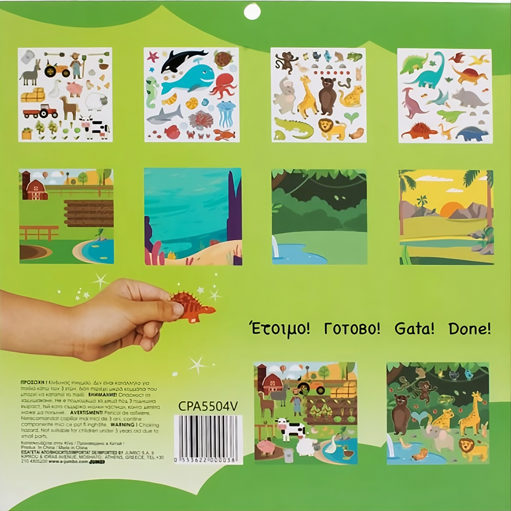 Set Stickere Animale pentru Copii – Dinozauri, Fermă, Junglă și Marin, 4 Fundaluri + Stickere