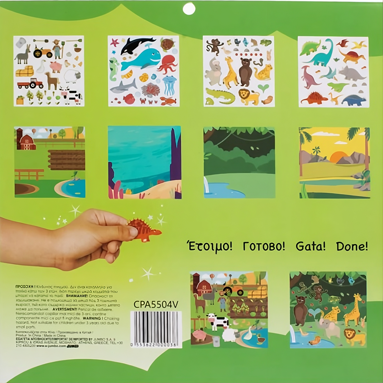 Set Stickere Animale pentru Copii – Dinozauri, Fermă, Junglă și Marin, 4 Fundaluri + Stickere
