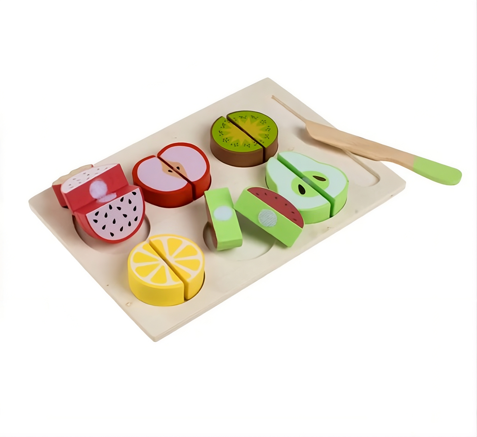 Set de Joacă din Lemn cu Fructe și Cuțit – Jucărie Educativă de Tăiat pentru Copii, 7 Piese