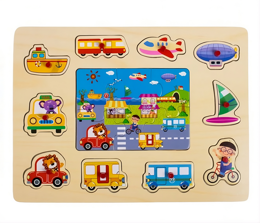 Puzzle din Lemn cu vehicule de transport pentru Copii – 10 + 6 Piese, Joc Educativ