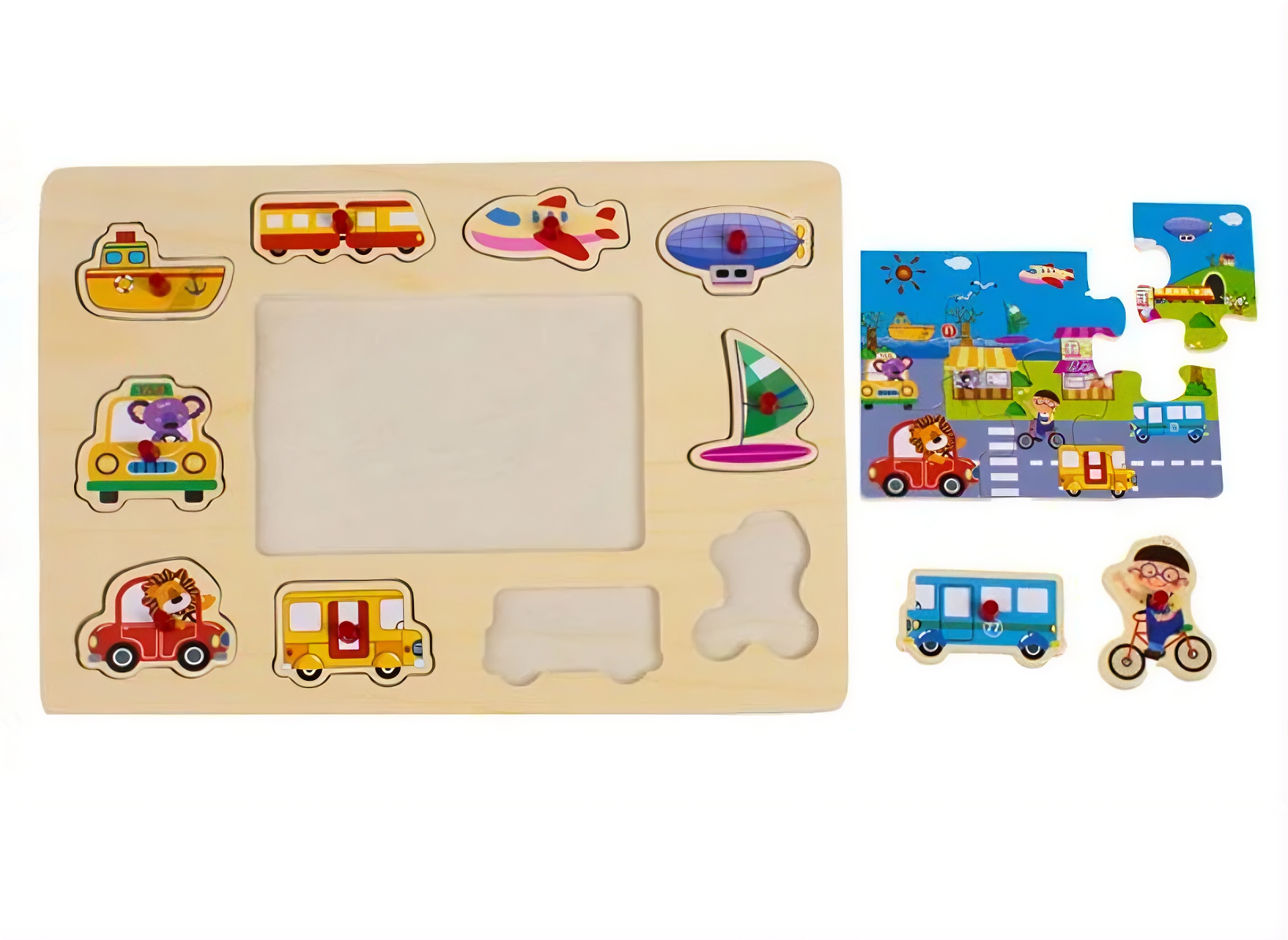 Puzzle din Lemn cu vehicule de transport pentru Copii – 10 + 6 Piese, Joc Educativ