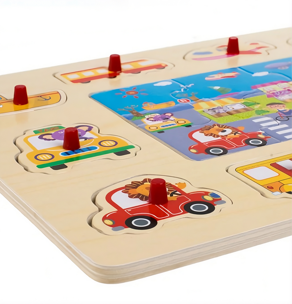 Puzzle din Lemn cu vehicule de transport pentru Copii – 10 + 6 Piese, Joc Educativ