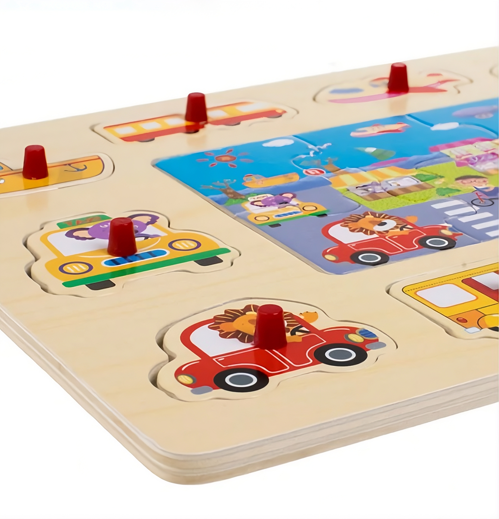 Puzzle din Lemn cu vehicule de transport pentru Copii – 10 + 6 Piese, Joc Educativ