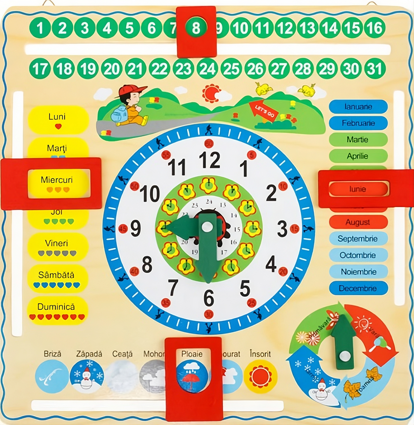Ceas Calendar Educativ din Lemn – 7 în 1, Învățare Interactivă pentru Copii
