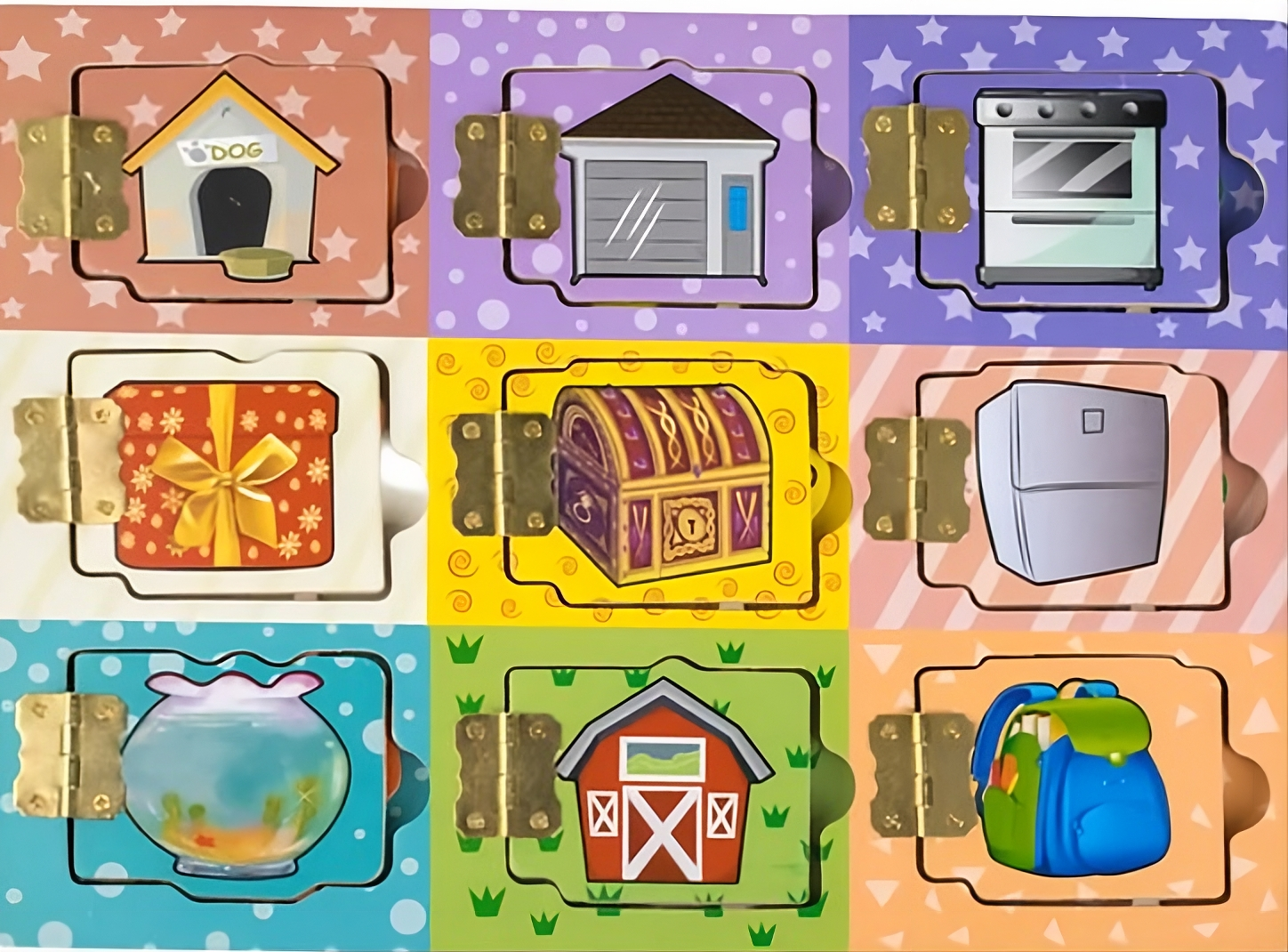 Puzzle din Lemn cu Uși & Obiecte – Joc Interactiv cu 9 Ferestre, Descoperă Surprizele! 1+