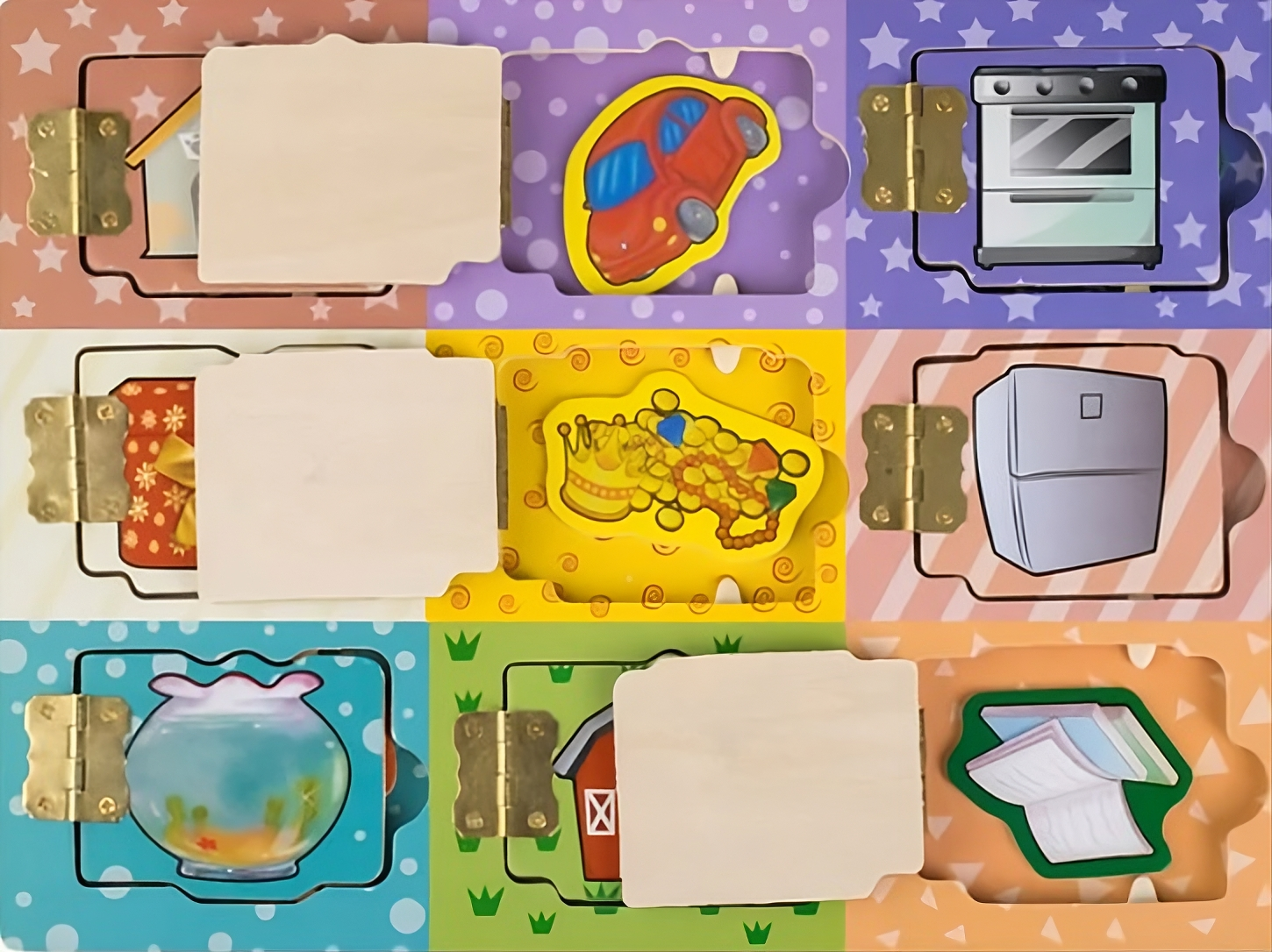 Puzzle din Lemn cu Uși & Obiecte – Joc Interactiv cu 9 Ferestre, Descoperă Surprizele! 1+