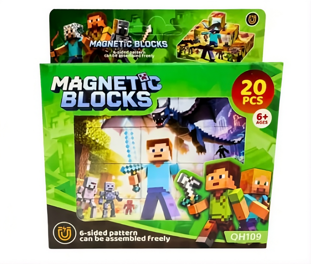 Set Cuburi Magnetice Minecraft 20 Piese – 6 Modele Construibile, Joc Creativ Copii 6+