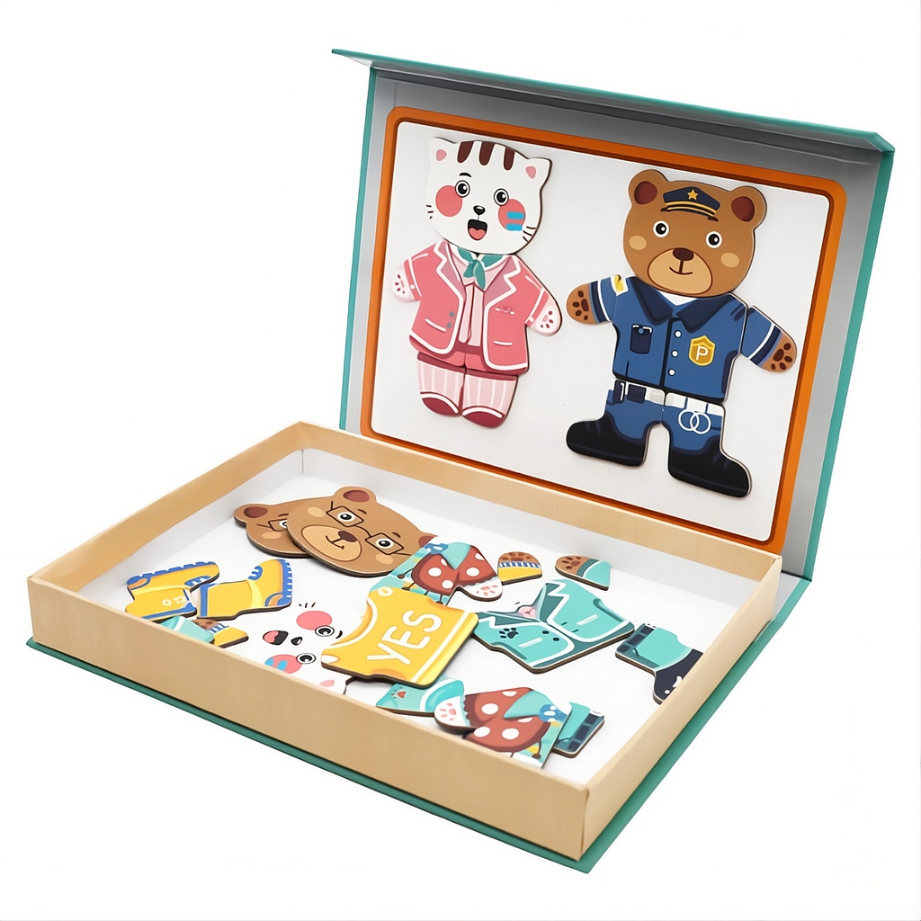 Puzzle Magnetic Copii cu Animale de Îmbrăcat – Set Creativ 28 Piese + Tablă