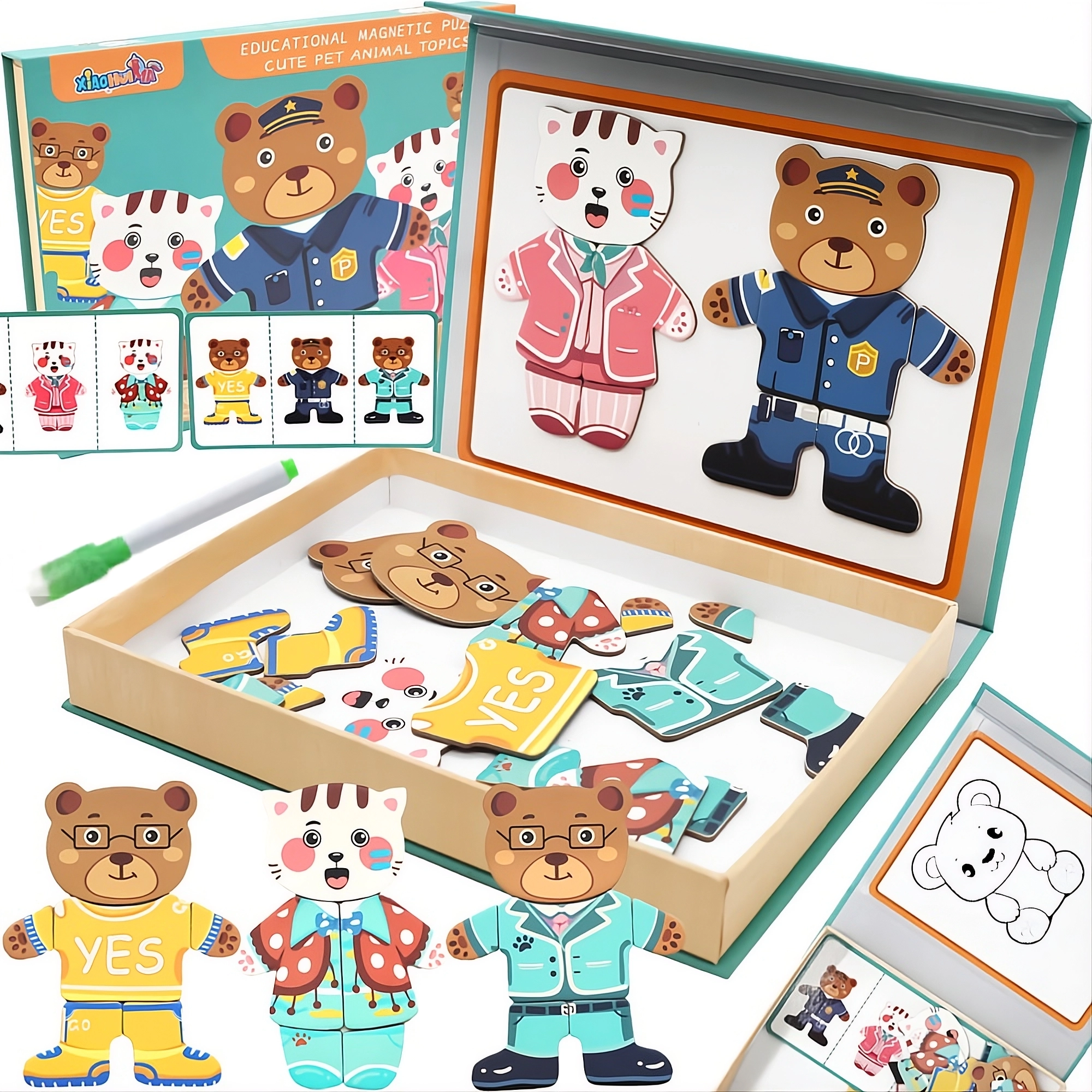 Puzzle Magnetic Copii cu Animale de Îmbrăcat – Set Creativ 28 Piese + Tablă