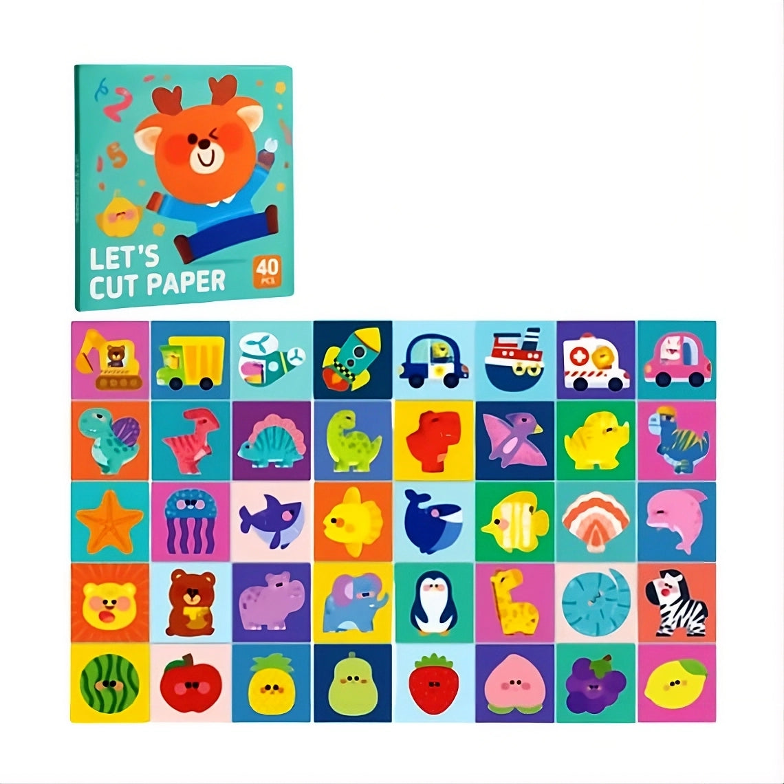 Set 40 carduri educative pentru asociere si decupaj, Animale, Fructe, Mijloace de transport