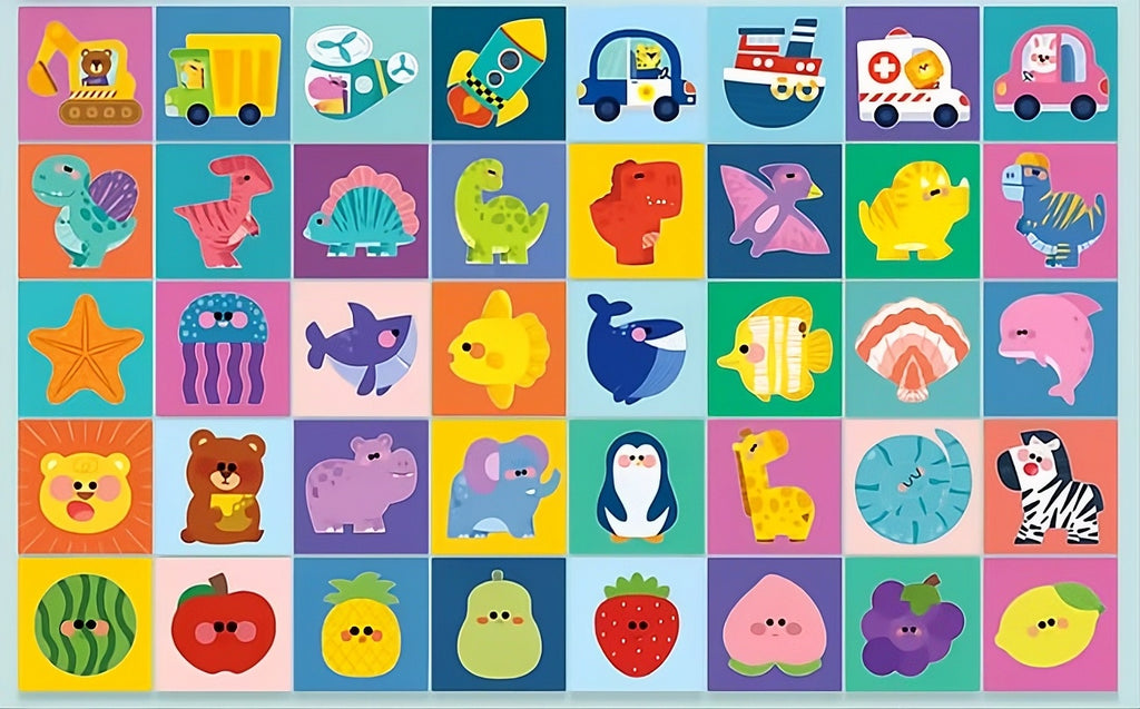 Set 40 carduri educative pentru asociere si decupaj, Animale, Fructe, Mijloace de transport