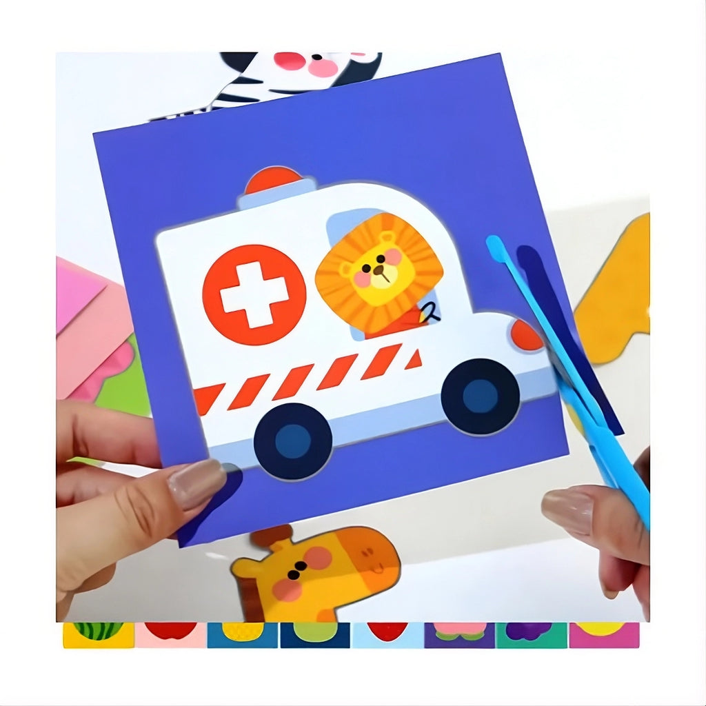 Set 40 carduri educative pentru asociere si decupaj, Animale, Fructe, Mijloace de transport