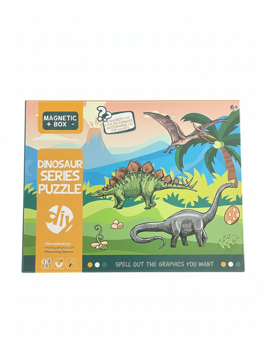 Joc Puzzle Magnetic 2 în 1 „Dinozauri” cu Marker – Joacă Creativă și Educație pentru Copii 4+
